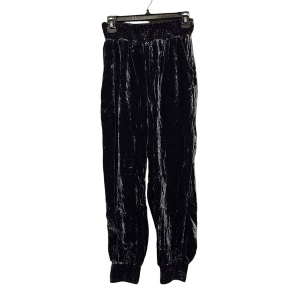 Anthropologie Gloria Velvet Jogger Pants SM Smocked Waist Pockets Blue Gray Boho